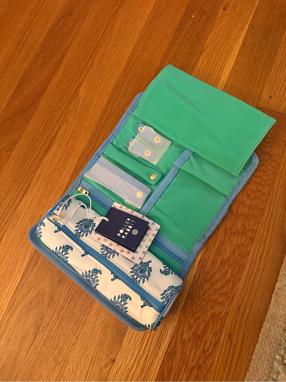 Roller Rabbit Teal and Light Blue Roll-Up Jewelry Pouch
